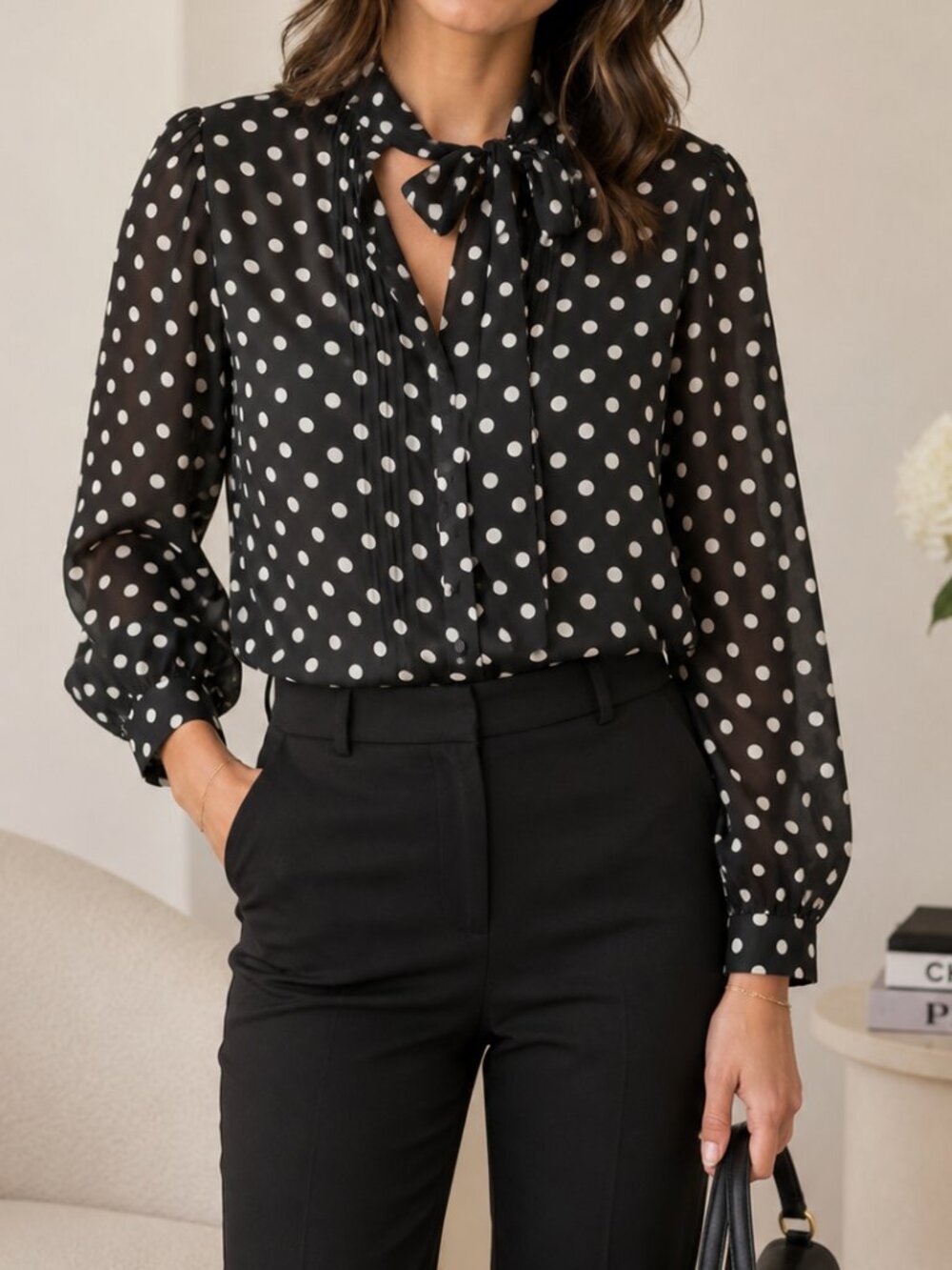 J.Crew 365 Polka Dot Blouse Size 6 Black White Tie Neck Career Top